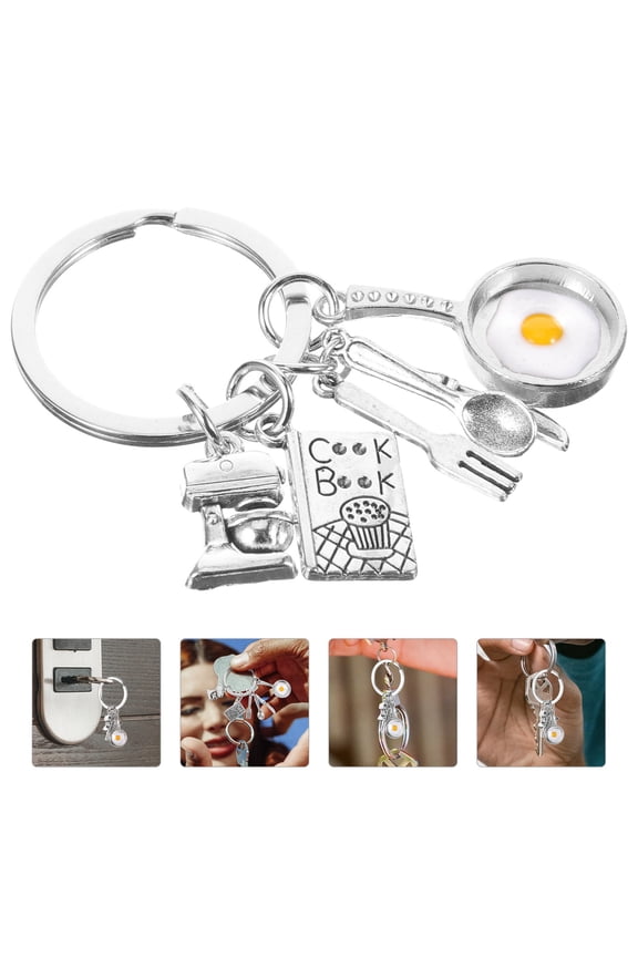 2Pcs Fried Egg Tableware Keychains Silver Alloy Decorative Lightweight Key Ring for Car Keys and Bags