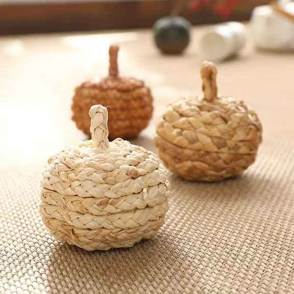 FENGGUIQU 2Pcs Lifelike Straw Woven Pumpkin Decoration for Autumn Thanksgiving Party Layout