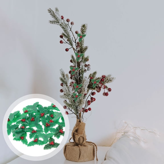 FENGGUIQU 30pcs Miniature Winter Holiday Figurines with Holly Leaves and Berries Ornaments for Seasonal Decoration
