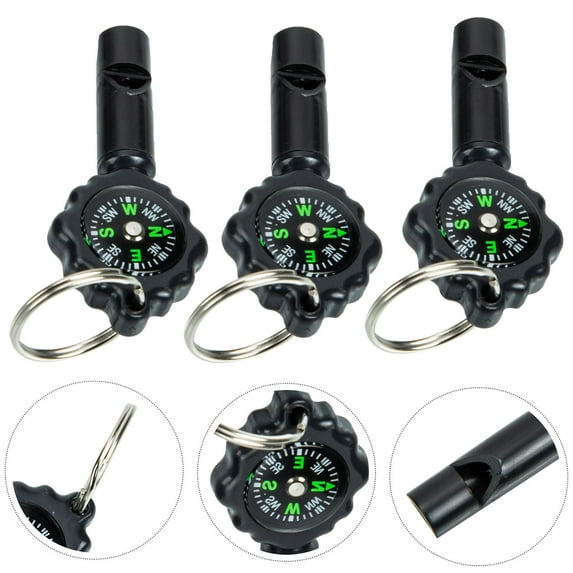 FENGGUIQU Multi-Function Whistle Keychain Black ABS with Compass for Outdoor 3Pcs