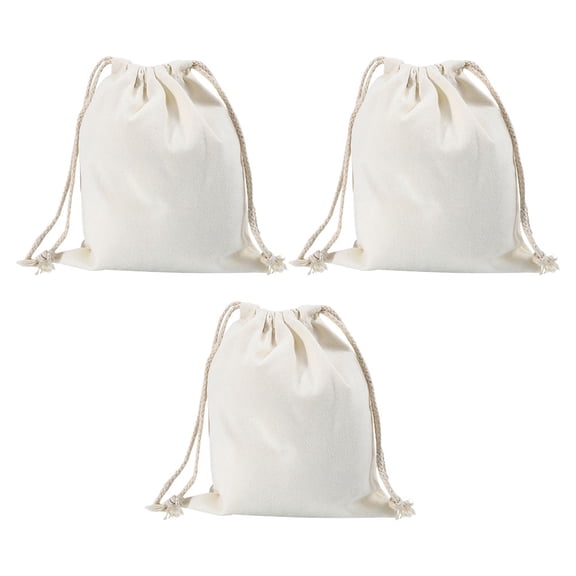 FENGGUIQU Set of 3 Reusable Beige Cotton Cloth Bags for Wedding Party Favors, Candy, Jewelry Storage