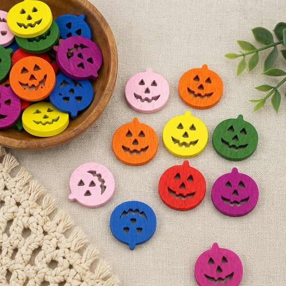 FENGGUIQU 50Pcs DIY Wooden Buttons for Clothes Assorted Color Pumpkin Pattern Durable Material