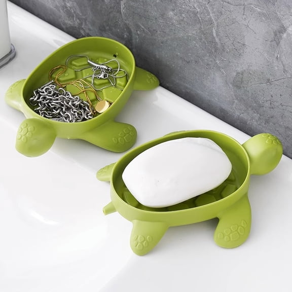 FENGGUIQU 5Pcs Multi Functional Turtle Soap Holder Tray Green Bathroom Soap Dish with Self Draining Design