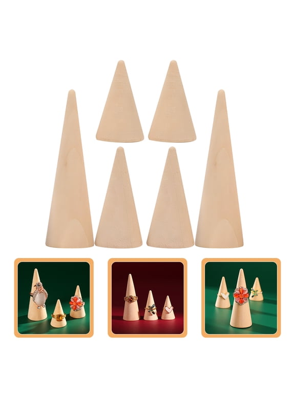 6Pcs Wooden Ring Display Stand Cones Khaki Unfinished Wood Ring Holder for Display