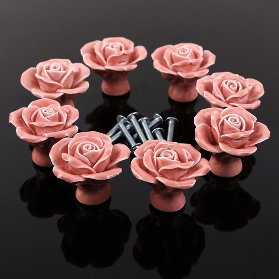 FENGGUIQU 8-Piece Ceramic Rose Drawer Knobs Set with Metal Screws for Kitchen Cabinets and Cupboards