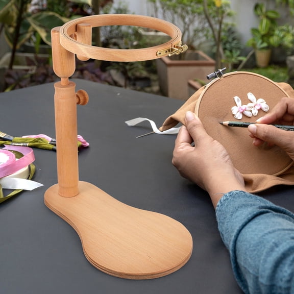 FENGGUIQU Adjustable Brown Wood Embroidery Stand with 360 Rotation for Craft Projects, Synthetic Material Frame
