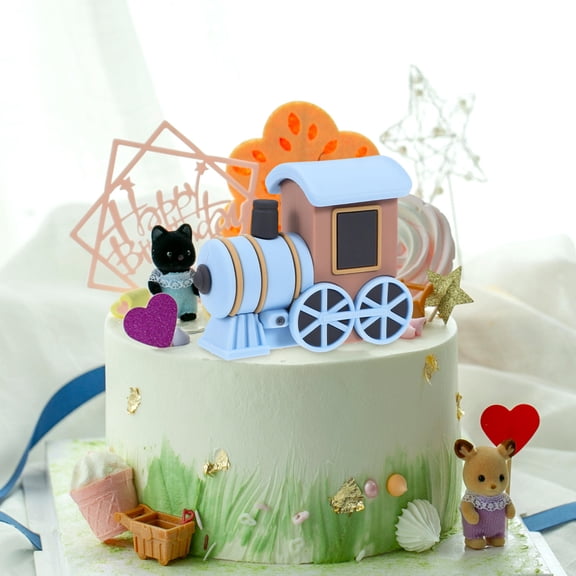 FENGGUIQU Blue Vintage Train Cake Topper for Birthday Party Decorations