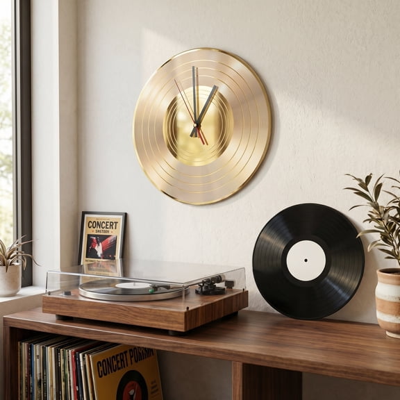 FENGGUIQU Golden Plastic Vinyl Record Clock with Artistic Vintage Charm