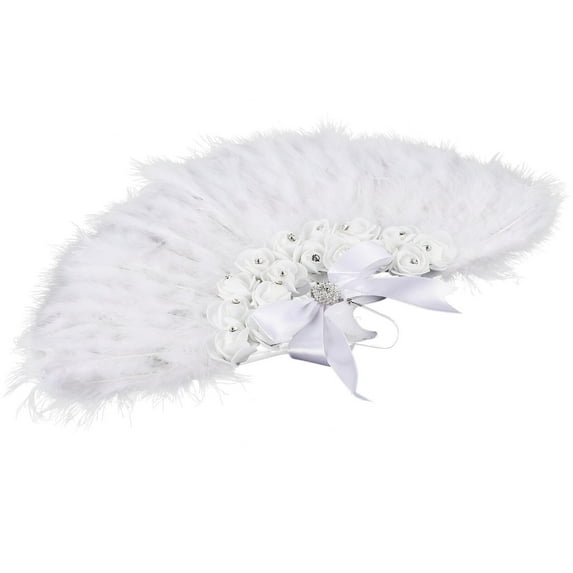 FENGGUIQU White Handmade Feather Rose Fan Decorative Bride Fan for Wedding Photography Prop and Stage Performances