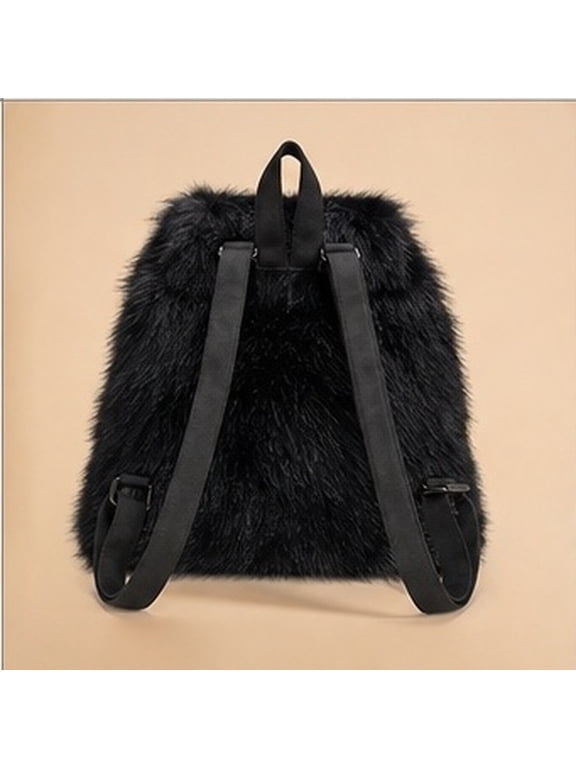 Fluffy Faux Backpack, Drawstring & Flap Top Daypack,Black