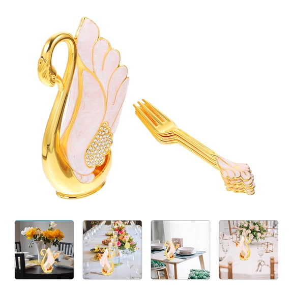 FENGGUIQU Golden Zinc Alloy Cookie Fork Set with Elegant Swan Base Stand, , Easy to Clean, Perfect for Home and Parties