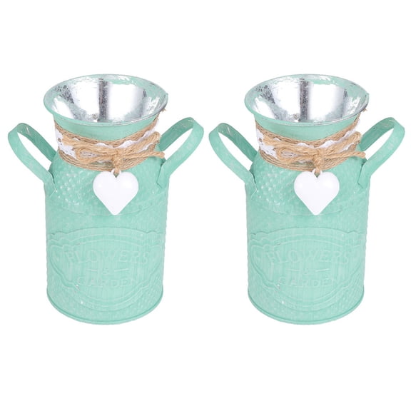 FENGGUIQU 2Pcs Green Iron Flower Bucket Rustic Floral Planter with Handles for Home Decor