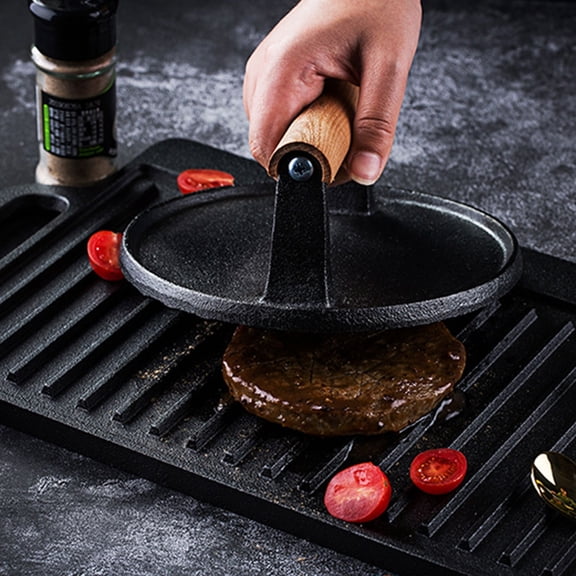 FENGGUIQU Durable Black Cast Iron Meat Press with Ergonomic Handle for Griddle and Burger Patties