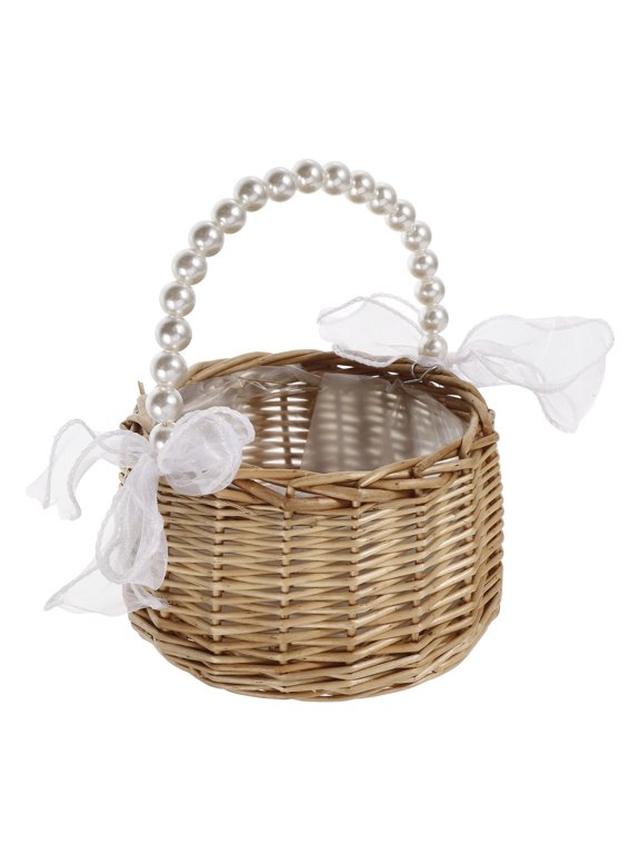 Light Brown Wicker Tote Basket with Bow and Pearls for Casual Daily Use