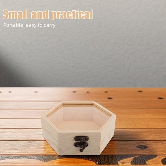 FENGGUIQU Pine Wood Wooden Keepsake Box with Glass Lid Elegant Hexagon Storage
