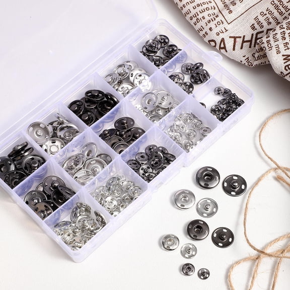 FENGGUIQU Metal Sewing Fasteners Kit with Assorted Buttons for Clothes, Bags, Hats and Crafts