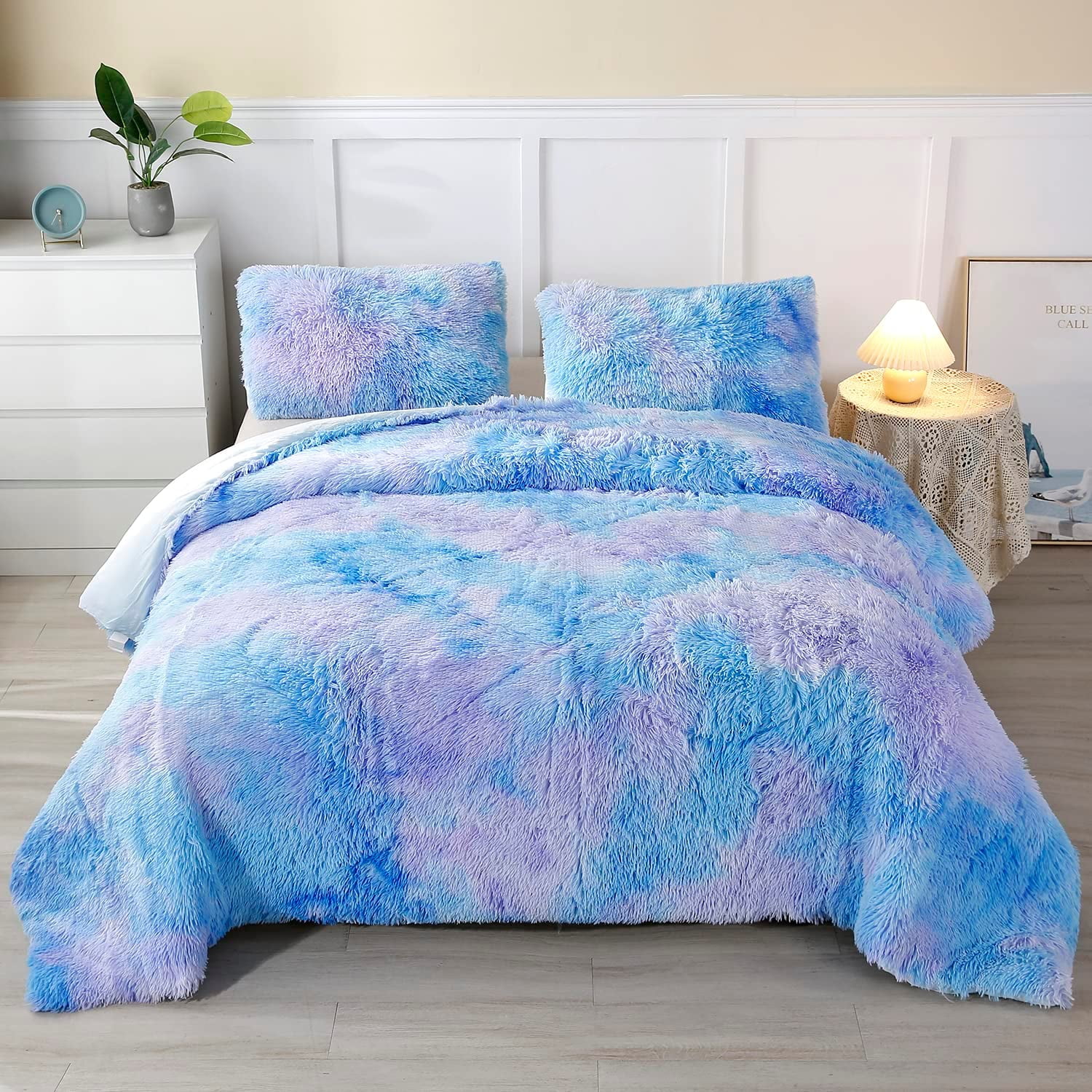 FENGPU Blue Plush Shaggy Comforter Set Queen Size Tie Dye Faux Fur Fluffy Comforter Bedding Set