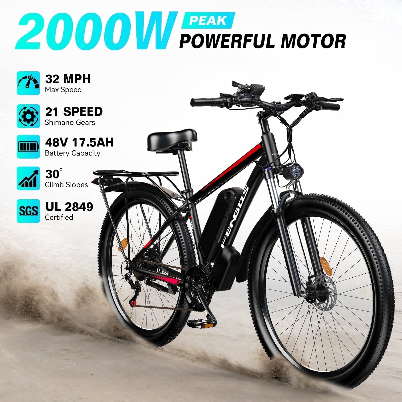 FENGQS 27.5" Electric Bike for Adults, 2000W Peak Power Motor Ebike, 35MPH 80Miles Electric Mountain Bike with 17.5AH Removable Battery-UL 2849, 21-Speed, Red