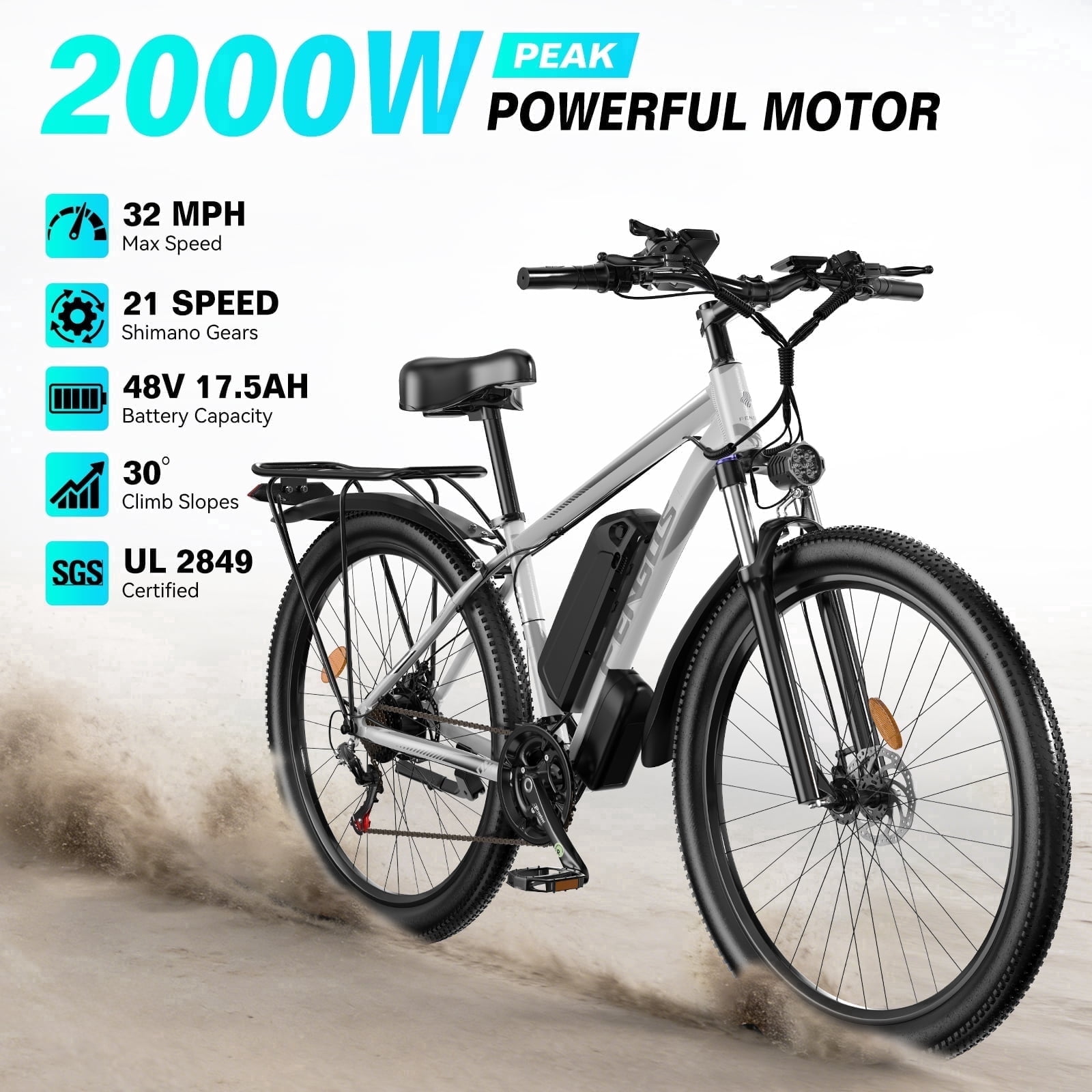 FENGQS 27.5" Electric Bike for Adults, 2000W Peak Power Motor Ebike, 35MPH 80Miles Electric Mountain Bike with 17.5AH Removable Battery-UL 2849, 21-Speed, White