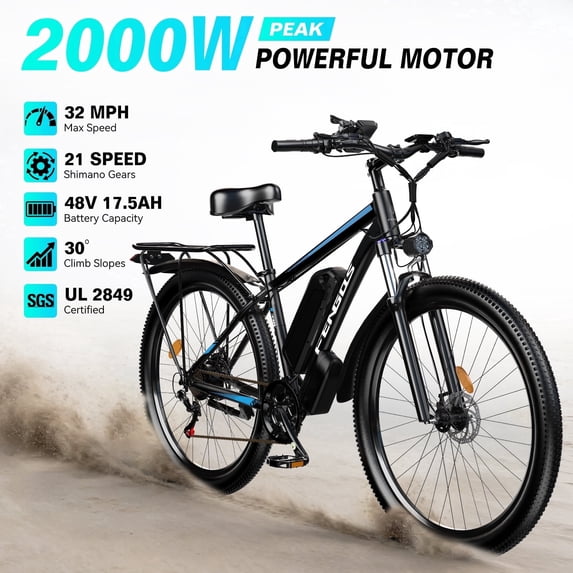 FENGQS 27.5" Electric Bike for Adults, Ebike2000W Peak Power Motor, 80Miles 35MPH Electric Mountain Bike with 17.5AH Removable Battery, 21-Speed,UL 2849-Blue