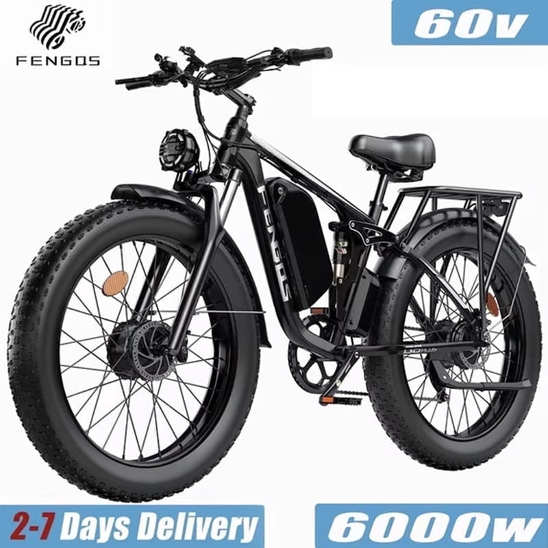 FENGQS 6000W Dual Motor Electric Bike for Adults, 50MPH 100 Miles 60V 1200Wh Ebike, 24" x 4" Fat Tire Full Suspension, Hydraulic Brakes 7-Speed Mountain E-Bicycle-(Black)