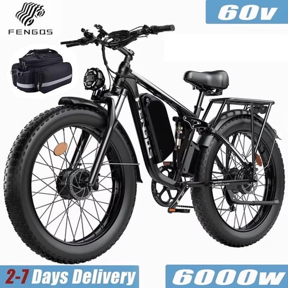 FENGQS 6000W Dual Motor Electric Bike for Adults, 50MPH 100 Miles 60V 1200Wh Ebike, 24" x 4" Fat Tire Full Suspension, Hydraulic Brakes 7-Speed Mountain E-Bicycle-(Black) with Bag