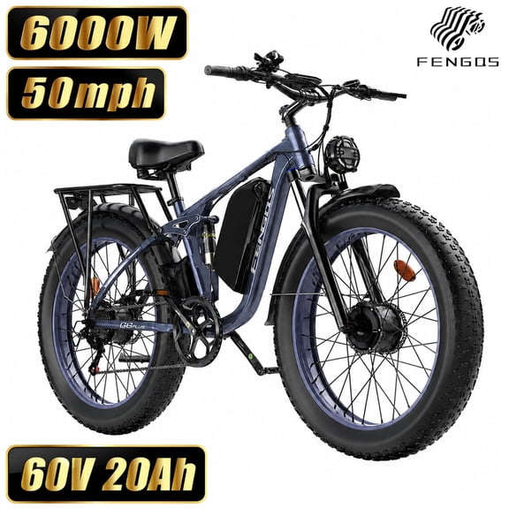 FENGQS 6000W Dual Motor Electric Bike for Adults, 24"x4" Fat Tire, Up to 50mph 100 Mile, 60V/20Ah Battery, Full Suspension, For Off-Road Use Only (Gray Blue)