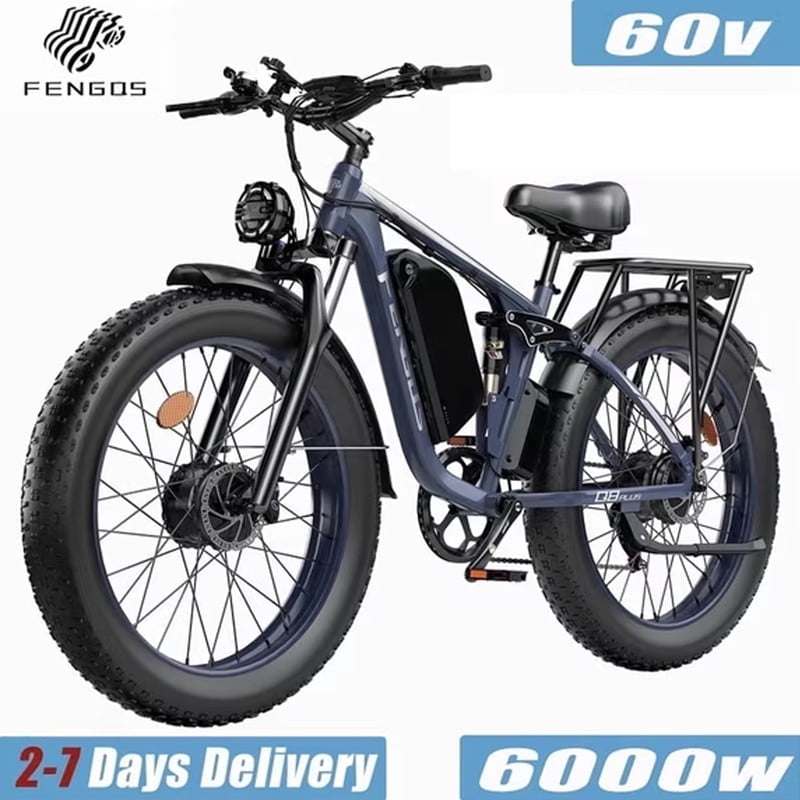 FENGQS 6000W Ebike for Adults, 100 Miles 50MPH Electric Mountain Bike, 60V 1200WH Aluminum Electric Bicycle, Full Suspension, Dual Hydraulic Disc Brake Ebike-(Gray Blue)