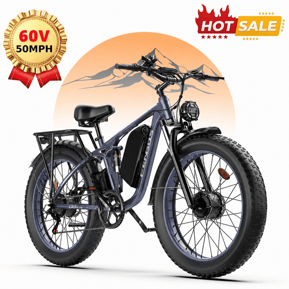 FENGQS 6000W Electric Bike for Adults,100 Mile Long Range 50mph Electric Bicycle, 60V 1200WH Removable Battery, 7 Speed with Full Suspension, Dual Hydraulic Disc Brake Ebike (Gray Blue)