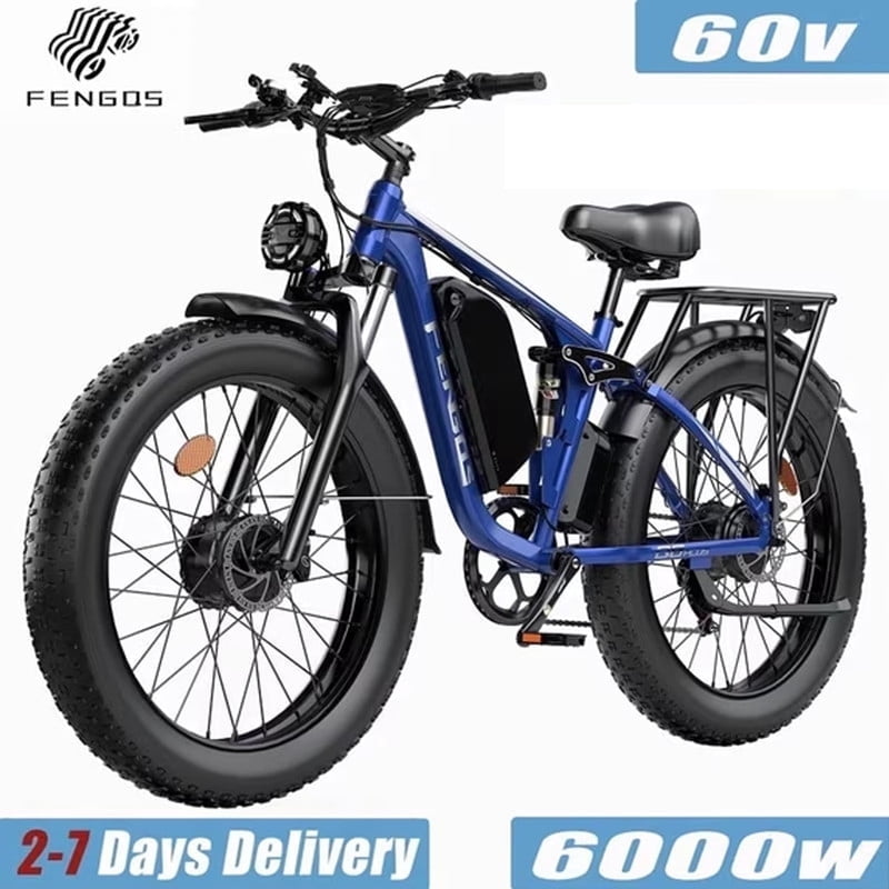 FENGQS 6000W Electric Bike for Adults, 50MPH 100 Miless Electric Mountain Bike, 60V 1200WH Removable Battery, Full Suspension, Dual Hydraulic Disc Brake Ebike-(Dark Blue)