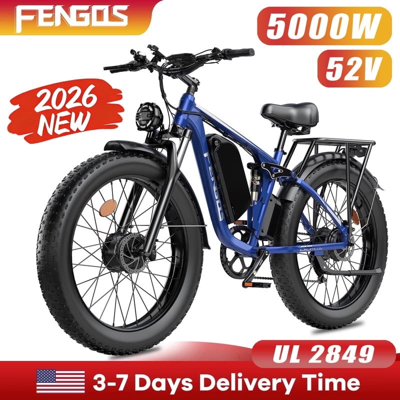 FENGQS Q8PLUS Electric Bike 5000W Dual Motor for Adults, 52V/23Ah Battery, 26"x4" Fat Tire, Hydraulic Disc Brakes, 45MPH Top, 80-100 Miles Range-(Blue) UL 2849