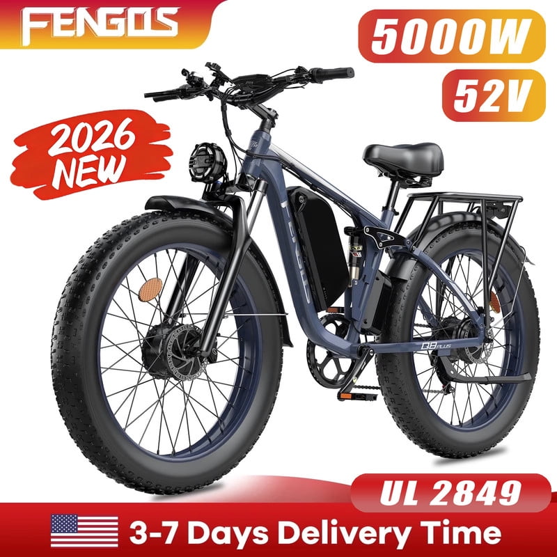 FENGQS Q8PLUS Electric Bike 5000W Dual Motor for Adults, 52V/23Ah Battery, 26"x4" Fat Tire, Hydraulic Disc Brakes, 45MPH Top, 80-100 Miles Range-(Gray Blue) UL 2849
