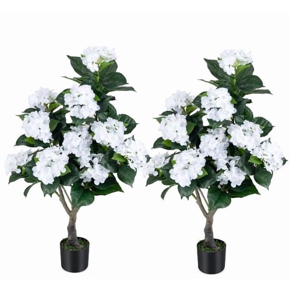 FENGSHUO 2 Pack Realistic Potted Hydrangea Artificial Trees Silk Floral Decor for Indoor Outdoor Spaces