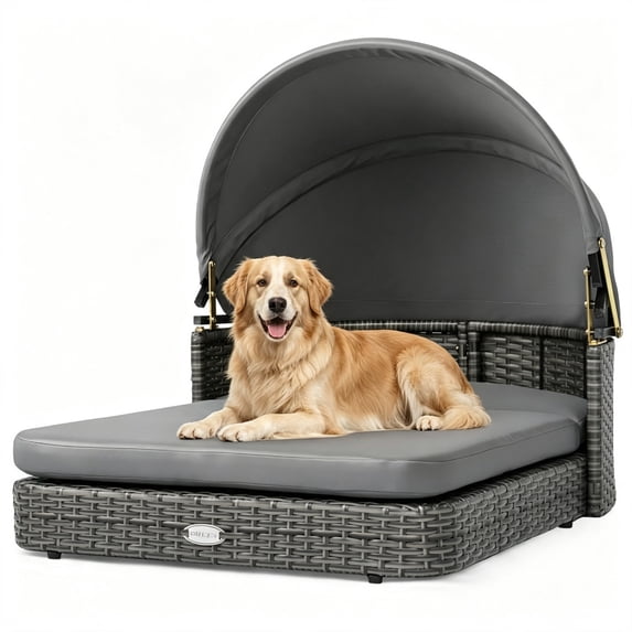 FENGSHUO Gray Hand-Woven Rattan Elevated Dog Daybed with Adjustable ...