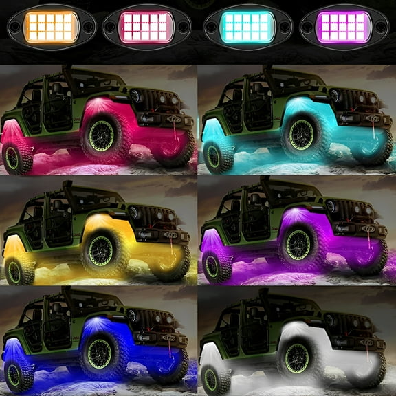 FENGXIH 4 Pods RGB LED Rock Lights Underglow Multicolor Neon Light Kit with APP Control/Music Mode Under Glow Lights for Trucks SUV Golf Cart ATV Pickup Off Road,12V