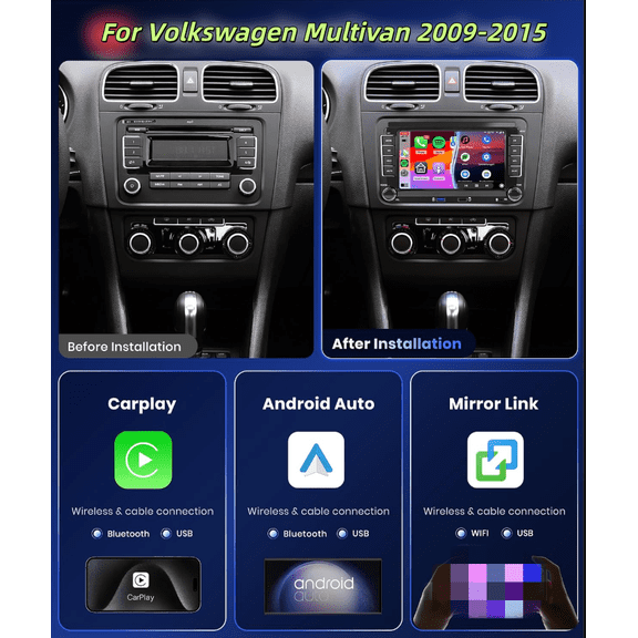 FENGXIH 7-inch Car Stereo For Volkswagen Multivan 2009-2015 and more, GPS Navigation with Carplay Android Auto BT WiFi SWC Car MP5 Player with 480P 18LED Backup Camera AM/FM/RDS Radio