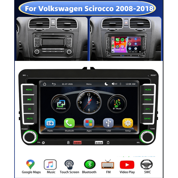 FENGXIH 7-inch Car Stereo For Volkswagen Scirocco 2008-2018 and more, GPS Navigation with Carplay Android Auto BT WiFi SWC Car MP5 Player with 480P 12LED Backup Camera AM/FM/RDS Radio