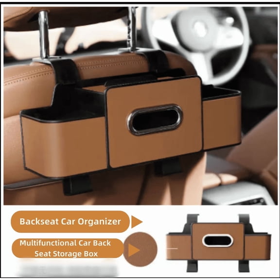 FENGXIH Car Back Seat Organizer 2 Cup Holders Leather Rear Seat Tissue Holder Car Backseat Storage Holder with Hook Multifunctional Backseat Headrest Hanging Box for Automobile Family Travel Brown