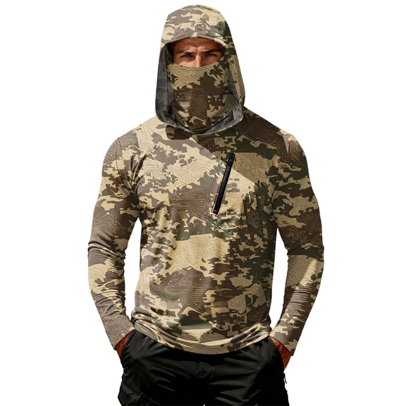 FENGYOU Mens Casual Camouflage Print Hooded Long Sleeve Sun Protection Shirt Lightweight Pullover Top with Face Cover Earthy Yellow M