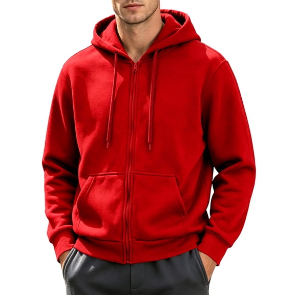 FENGYOU Mens Casual Full Zip Hoodie Long Sleeve Drawstring Hooded Sweatshirt Regular Fit Fleece Pullover Jacket with Pockets Red XL