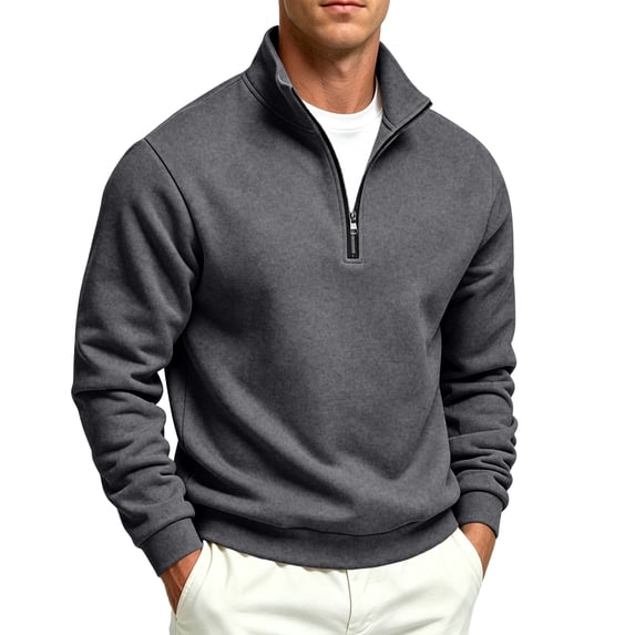 FENGYOU Mens Casual Quarter Zip Sweatshirt Fleece Lined Thick Pullover Stand Collar Long Sleeve Regular Fit Solid Top Dark Gray XL