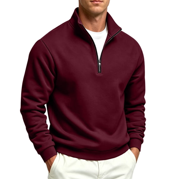 FENGYOU Mens Casual Quarter Zip Sweatshirt Fleece Lined Thick Pullover Stand Collar Long Sleeve Regular Fit Solid Top Wine L