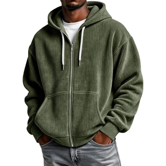 FENGYOU Mens Corduroy Zip Up Hoodie Oversized Drop Shoulder Sweatshirt Ribbed Long Sleeve Hooded Jacket Casual Pullover Army Green L