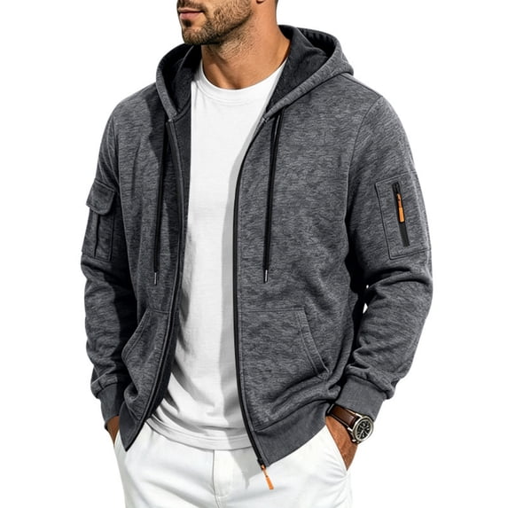 FENGYOU Mens Heavyweight Fleece Lined Zip Up Hoodie Loose Fit Hooded Sweatshirt Multi Pocket Casual Jacket Outerwear Dark Gray L