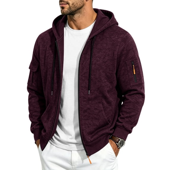 FENGYOU Mens Heavyweight Fleece Lined Zip Up Hoodie Loose Fit Hooded Sweatshirt Multi Pocket Casual Jacket Outerwear Wine S