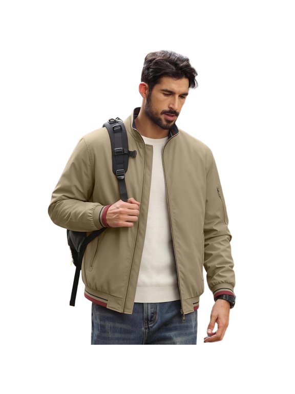 Mens Reversible Stand Collar Jacket Lightweight Zip Front Casual Business Outerwear with Ribbed Cuffs and Hem Khaki XL