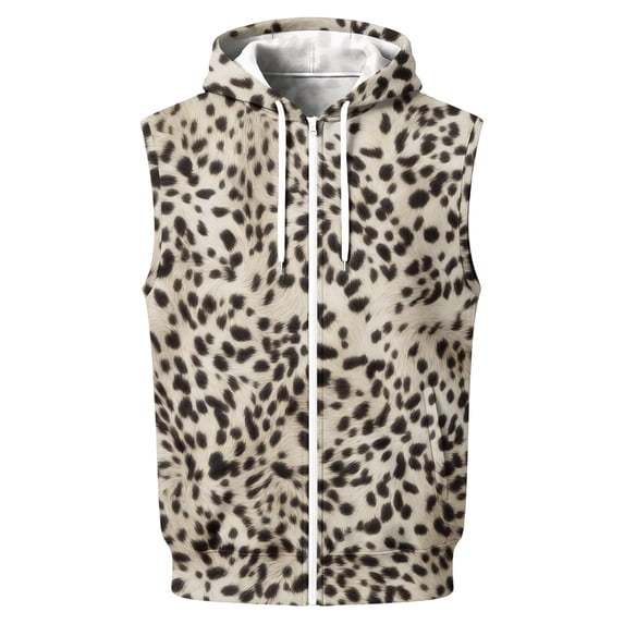 FENGYOU Mens Sleeveless Zip Up Hoodie Vest Casual Athletic Hooded Jacket with Leopard Print Lightweight Fleece Outerwear Khaki 3XL
