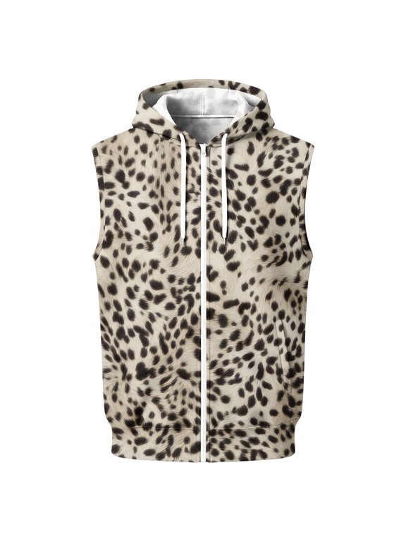 Mens Sleeveless Zip Up Hoodie Vest Casual Athletic Hooded Jacket with Leopard Print Lightweight Fleece Outerwear Khaki XL