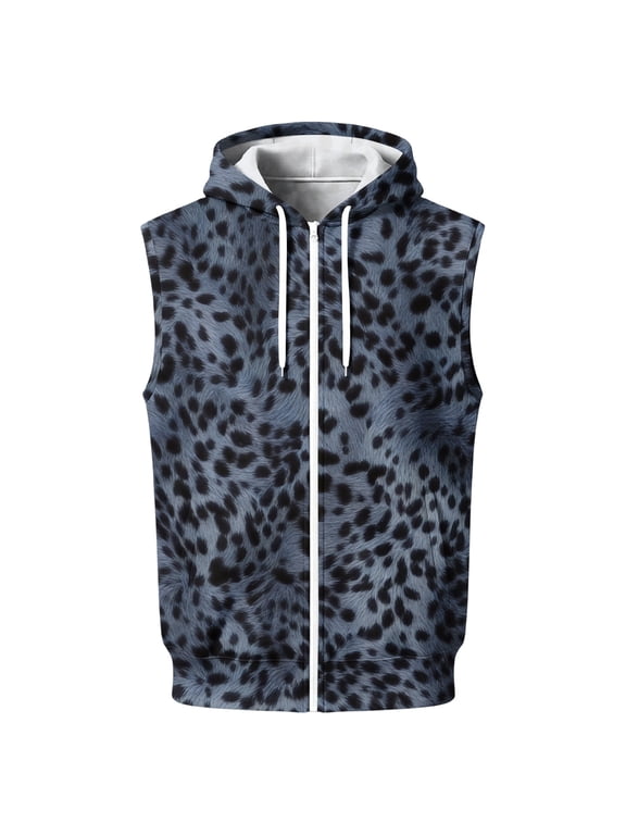 Mens Sleeveless Zip Up Hoodie Vest Casual Athletic Hooded Jacket with Leopard Print Lightweight Fleece Outerwear Navy M