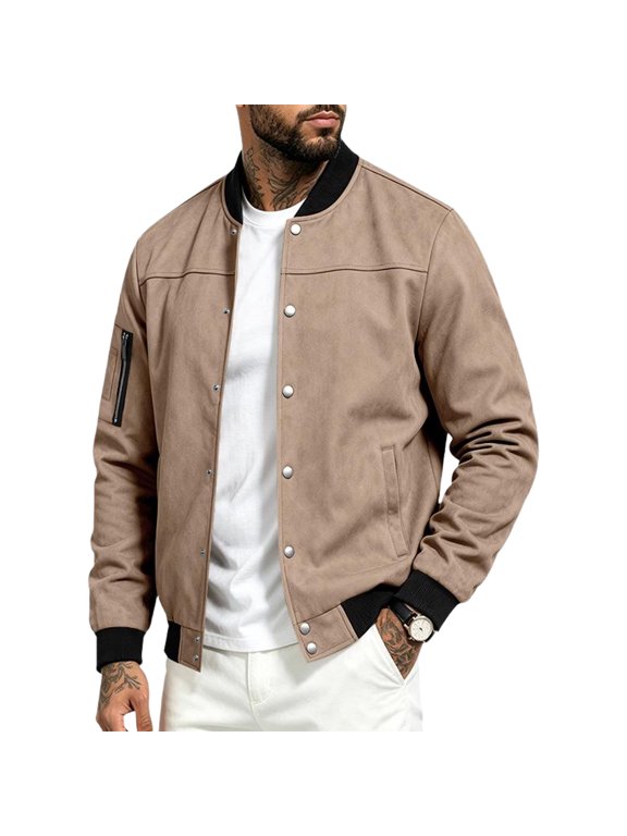 Mens Suede Patchwork Jacket Casual Sport Stand Collar Snap Button Cardigan Coat Long Sleeve Outerwear Brown 2XL